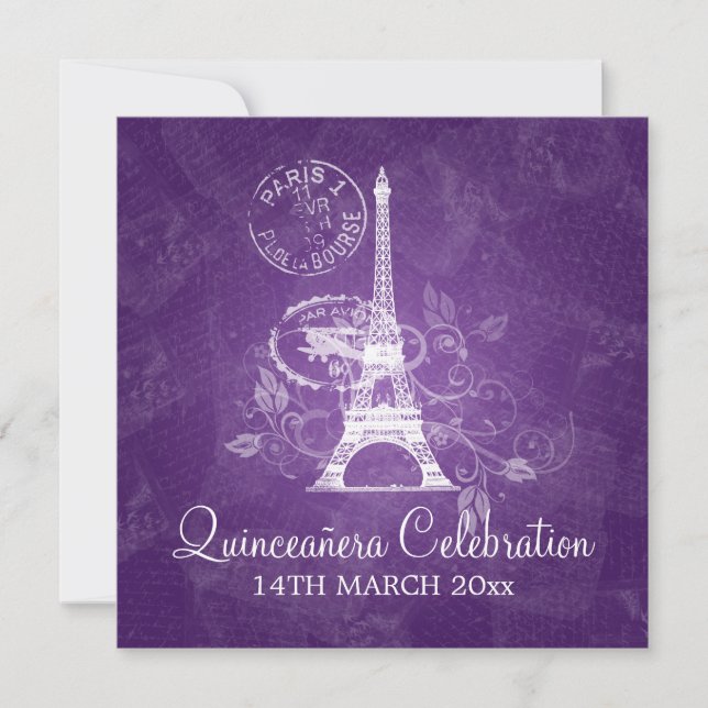 Convites Partido da Celebração da Quinceañera Paris Roxo (Frente)