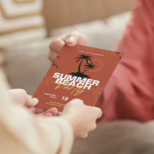 Convites Partido da Praia de Verão - Ilustração Laranja e N