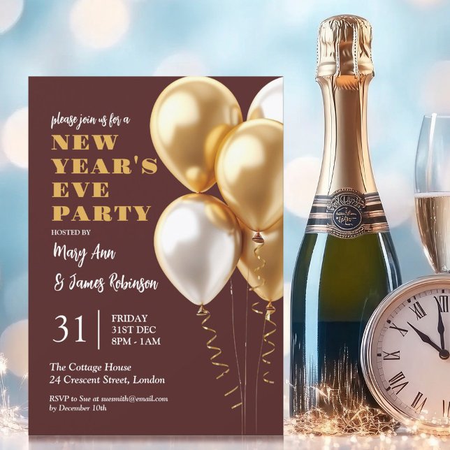 Convites Partido da Véspera de ano novo MODERNA Dourado Bal (MODERN New Years Eve Party Gold Balloons Burgundy Invitation)