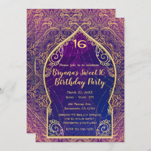 Convites Partido Dançarino Árabe roxo e Dourado marroquino