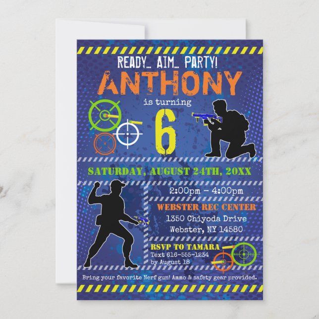 Convites Partido Dart Wars Blaster Gun Birthday (Frente)