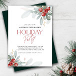 Convites Partido das Férias do Office Elegante Winter Green<br><div class="desc">Convite para festas de férias clássicas com elegante verde e bagas de inverno. O design é acentuado com o texto do estilo manuscrito vermelho de tendência.</div>