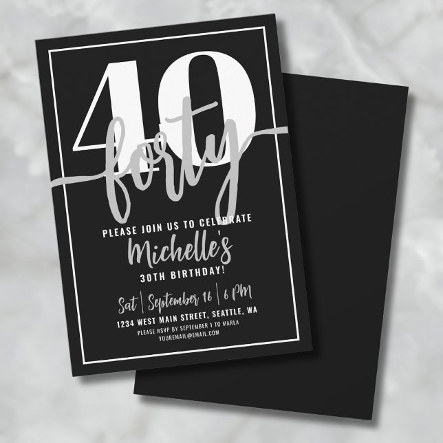 Convites Partido de aniversário de 40 anos de Script de Na  (Modern Black 30th Birthday Party Invitation)