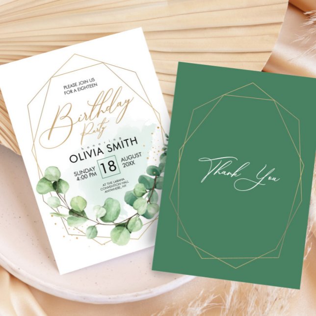 Convites Partido de Aniversário Feliz Moderno Eucalyptus Gr (Modern Happy Birthday Party Eucalyptus Greenery Invitation, 18th Birthday)