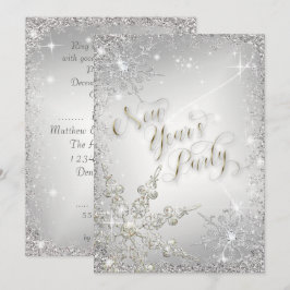Convites Partido de Ano Novo Elegante Snowflakes Silver Spa