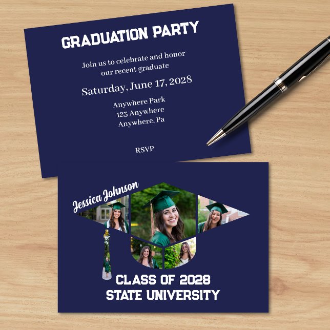 Convites Partido de Colagem de Fotos de Graduação Azul do M (Modern Navy Blue Party Invitation with a Graduation Cap Shape Photo Collage )