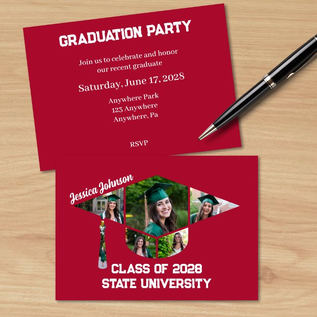 Convites Partido de Colagem de Fotos em Forma de Graduação  (Matching Modern Red Graduation Party Invite with 6 Photos)
