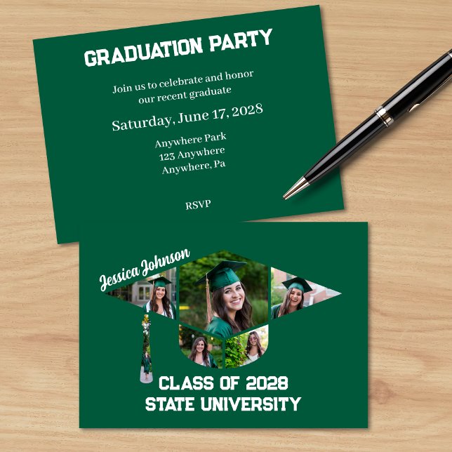 Convites Partido de Colagem de Fotos em Formas de Graduação (Modern Green Photo Graduation Party Invite with a Photo Collage in the Shape of a Grad Cap)