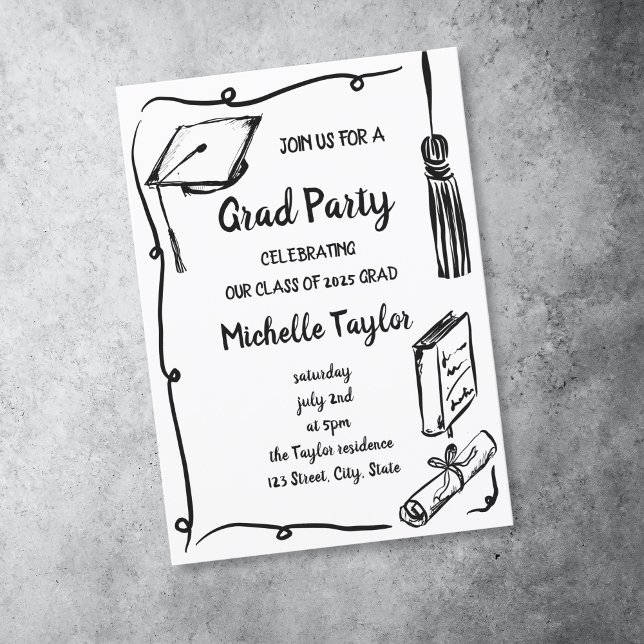 Convites Partido de Desenho de Mão Única e Simples (black and white doodle grad party invitation with wavy frame, grad hat, diploma and book)