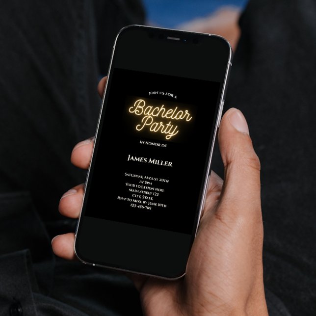 Convites Partido de Despedida de Solteiro Dourado, Na moda  (modern stylish bachelor party invitation black white gold neon sign script)