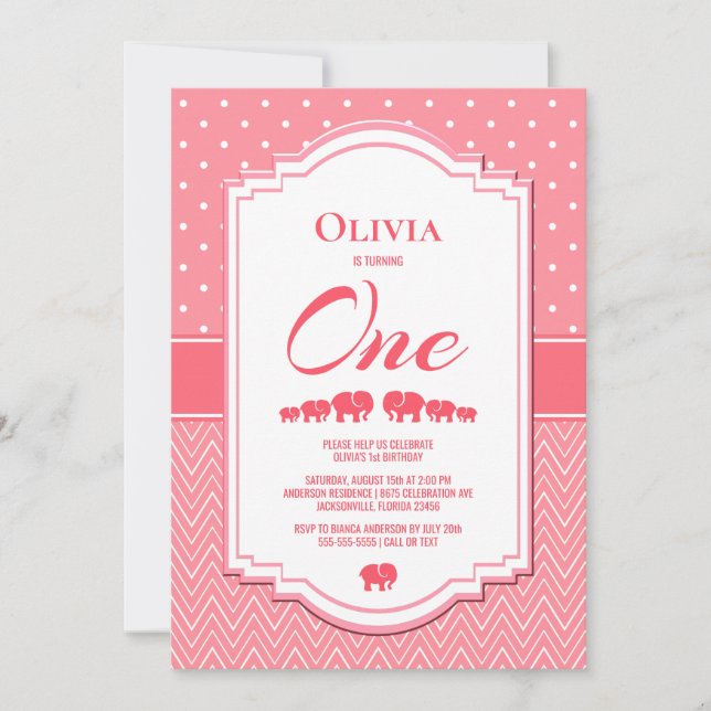 Convites Partido de Elefantes Rosa-primeiro aniversario (Frente)