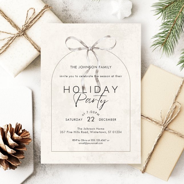 Convites Partido de Feriado de Script de Arch do Arco do Mo (Modern boho holiday party invitation with arch frame, coquette bow detail and a textured background)