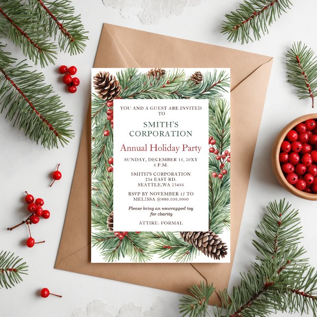 Convites Partido de Férias Corporativas de Pine Berries (Elegant Pine Berries Corporate Holiday Party Invitation)