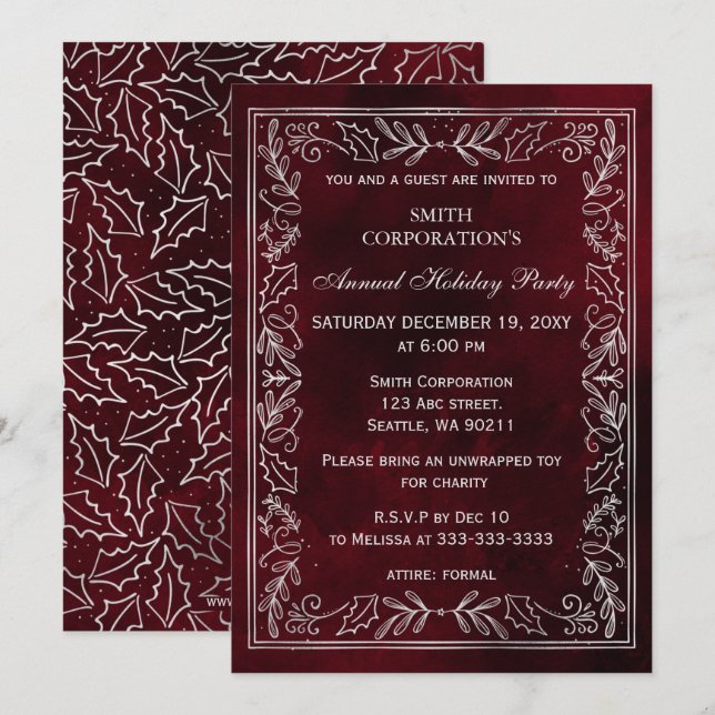 Convites Partido de Férias Corporativas Elegante Red Silver (Frente/Verso)