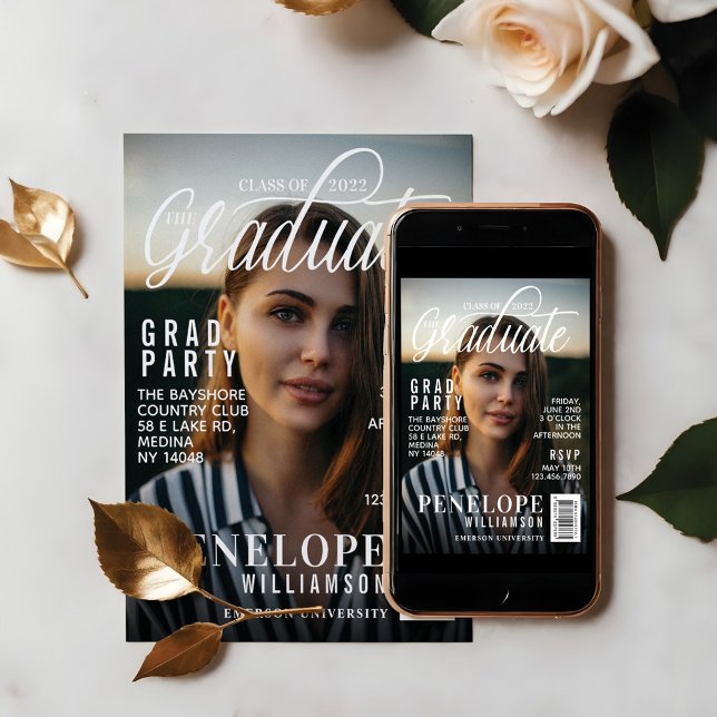 Convites Partido de Formando de Fotos do Cobrir da Revista  (Graduate Stylish Magazine Cover Photo Grad Party Invitation)