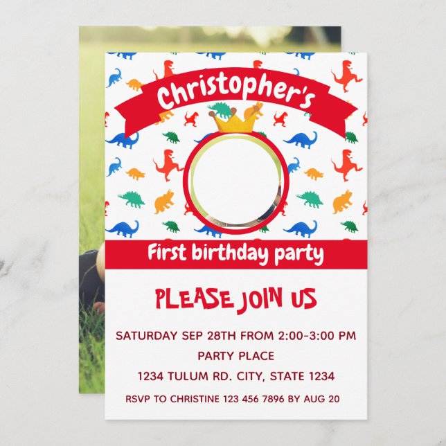 Convites Partido de Fotos Dinossauro Vermelho (Frente/Verso)