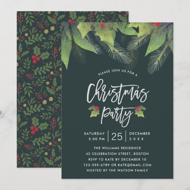 Convites Partido de Natal Verde Holly Folha de Script Moder (Frente/Verso)