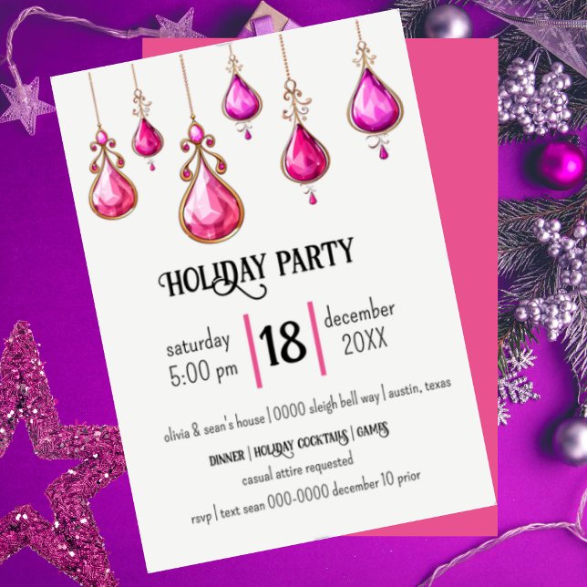Convites Partido de Ornamentos de Férias Rosa (Jewled ornaments hanging from the top of this fully customizable party invite 
)