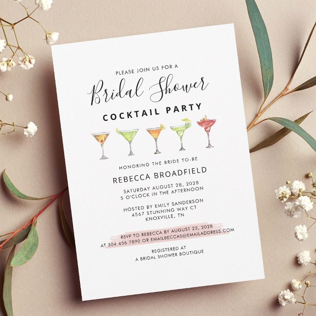 Convites Partido de Praia do Cocktail, Chá de panela minima (Modern Script Cocktail Party Bridal Shower Invitation)