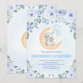 Convites Partido de primeiro aniversario floral azul do