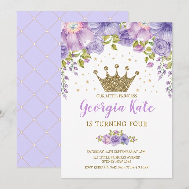 Convites Partido de primeiro aniversario floral roxo da (Frente/Verso)