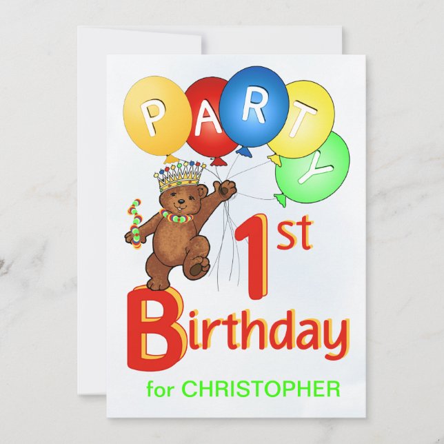 Convites Partido de primeiro aniversario real do urso de (Frente)