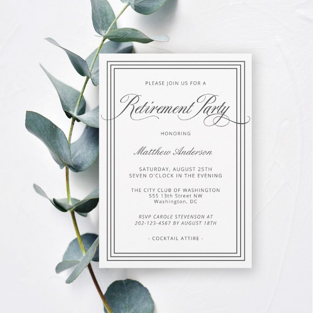 Convites Partido de Reforma Elegante Simples Branco (This elegant retirement party invitation is available as printed or digital download.)