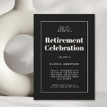Convites Partido de Reforma Elegante Simples Preto<br><div class="desc">Simples, moderno e elegante, este Convite de festas de aposentadoria tem um apelo sofisticado. Um fundo preto com texto bege de marfim claro enquadrado por uma borda de linha fina correspondente transmite os detalhes do seu evento com estilo contemporâneo. O modelo de texto moderno é fácil de personalizar com seus...</div>