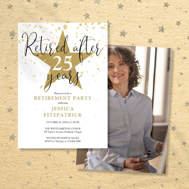 Convites Partido de Retirada de Fotos das Estrelas Douradas (Modern Gold Stars Photo Retirement Party Invitation)