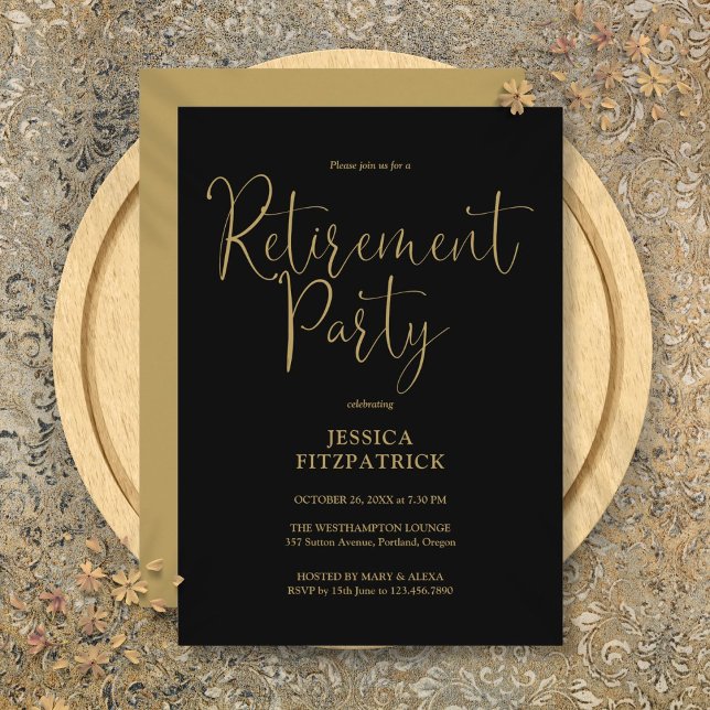 Convites Partido de Retirada Elegante Preto E Dourado (Black And Gold Elegant Script Retirement Party Invitation)