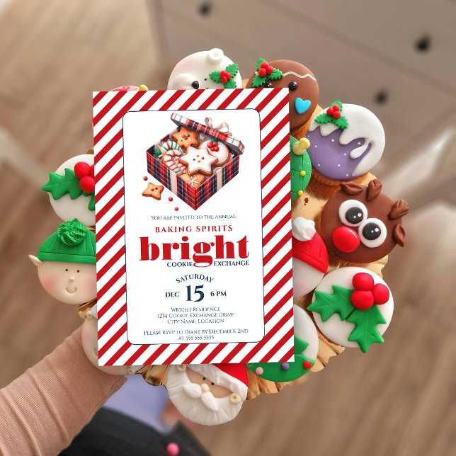 Convites Partido de Troca de Cookies Azul Vermelho (Baking spirits bright cookie exchange party invitation front view.)