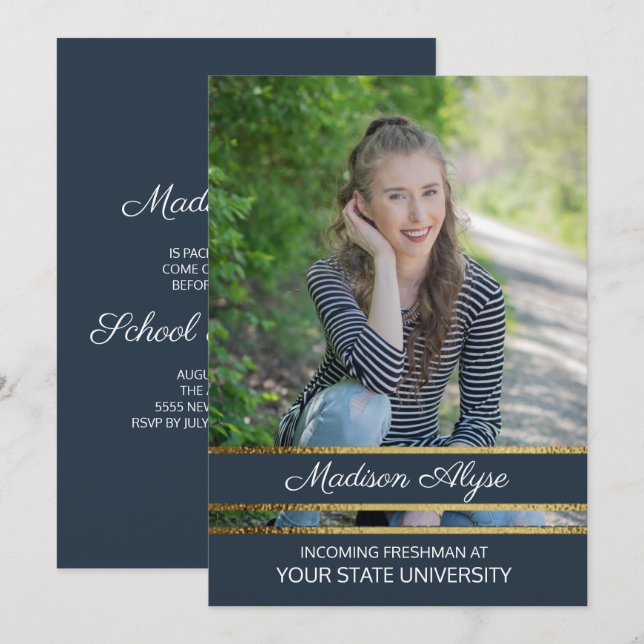 Convites Partido de Tronco de Fotografias Azul e Dourado do (Frente/Verso)