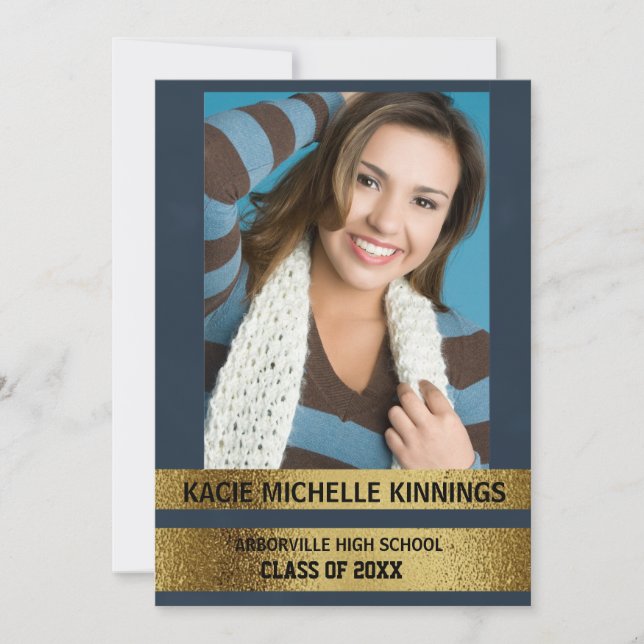 Convites Partido de Tronco de Fotografias Azul e Dourado do (Frente)