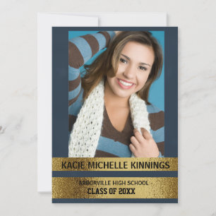 Convites Partido de Tronco de Fotografias Azul e Dourado do