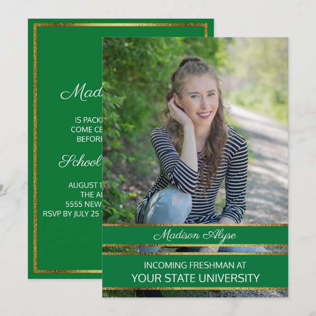 Convites Partido de Tronco de Fotografias Verde e Dourada (Frente/Verso)