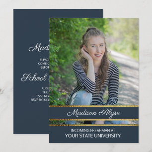 Convites Partido de Tronco de Fotos Azul e Dourado do Marin