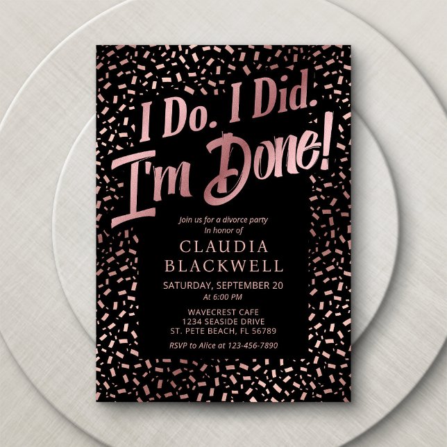 Convites Partido Divorciário Rosa Dourado Confetti (Criador carregado)