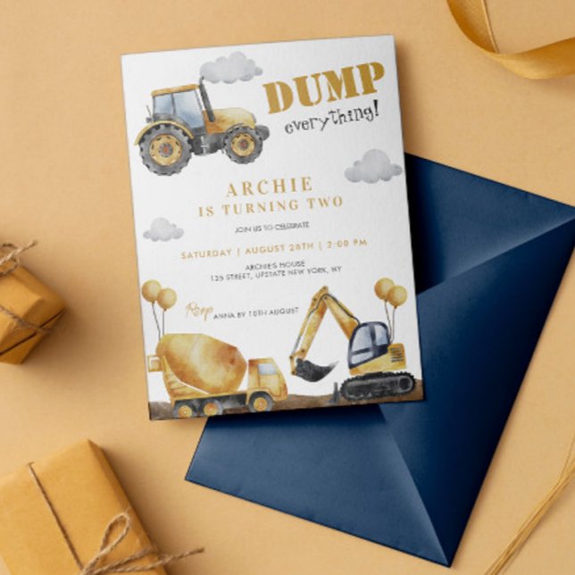 Convites Partido do Aniversário de criança de Caminhão de C (Dump Everything Birthday Boy Construction Dump Truck Yellow Digital Template Birthday Party Invite)