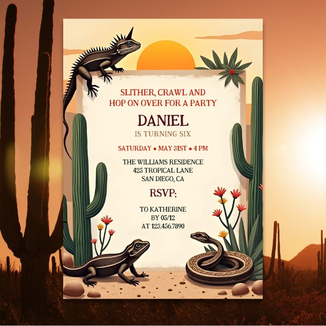 Convites Partido do Aniversário de criança do Deserto, Répt (Desert Snake Reptile Themed Kids Birthday Party Invitation)