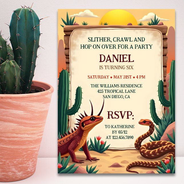 Convites Partido do Aniversário de criança do Tema do Répti (Desert Reptile Themed Kids Birthday Party Invitation)