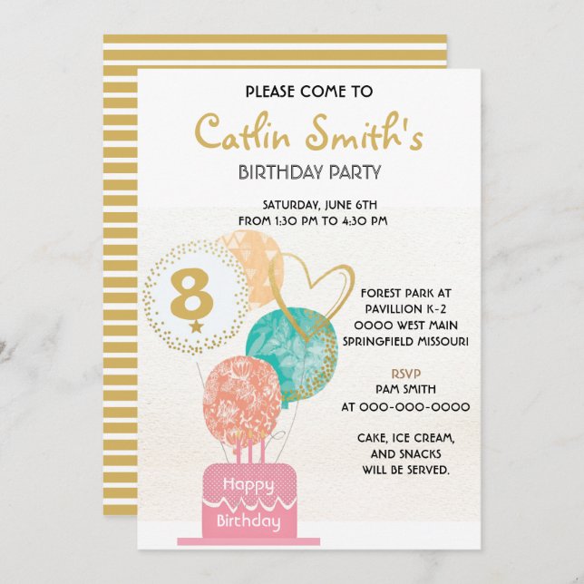 Convites Partido do Aniversário de criança dos Balões Doura (Frente/Verso)