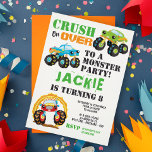 Convites Partido do Aniversário de criança Monster Truck<br><div class="desc">Monster Truck Aniversário de criança Party - Comece seus motores e esmague até uma festa de caminhão monstro! Tudo isso aumenta com este incrível convite de trabalho pesado. Apresentando caminhões de monstros duros em um fundo de quadro. A parte traseira da placa apresenta marcas de pneus no concreto. Só o...</div>