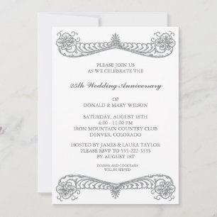 Convites Partido do Aniversário do 25 Silver Flower Scrol