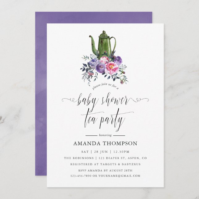 Convites Partido do Chá de Chá de fraldas Floral Violeta e  (Frente/Verso)