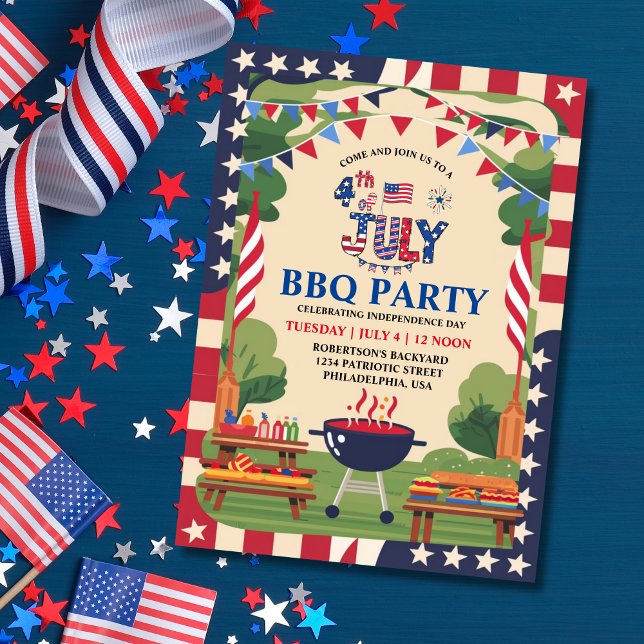 Convites Partido do CHURRASCO do Dia da Independência em 4  (4th of July Independence Day BBQ Party Invitation)