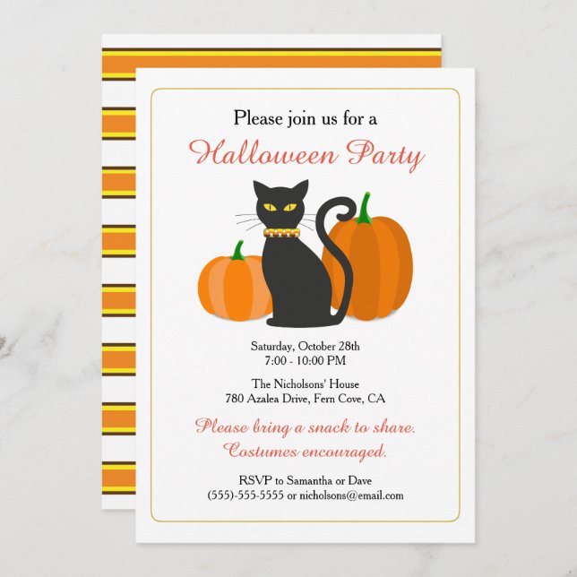 Convites Partido do Dia das Bruxas do gato preto & das (Frente/Verso)