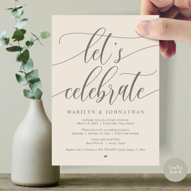 Convites Partido do Elopemento de Casamento de Celebração d (Let's Celebrate Wedding Elopement Dinner Lunch Brunch Party Invitation Card, PDF, in Cream Grey)