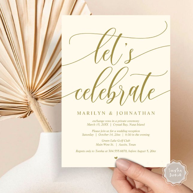 Convites Partido do Elopemento de Casamento de Celebração d (Let's Celebrate Wedding Elopement Dinner Lunch Brunch Party Invitation Card, PDF, in Yellow Gold)