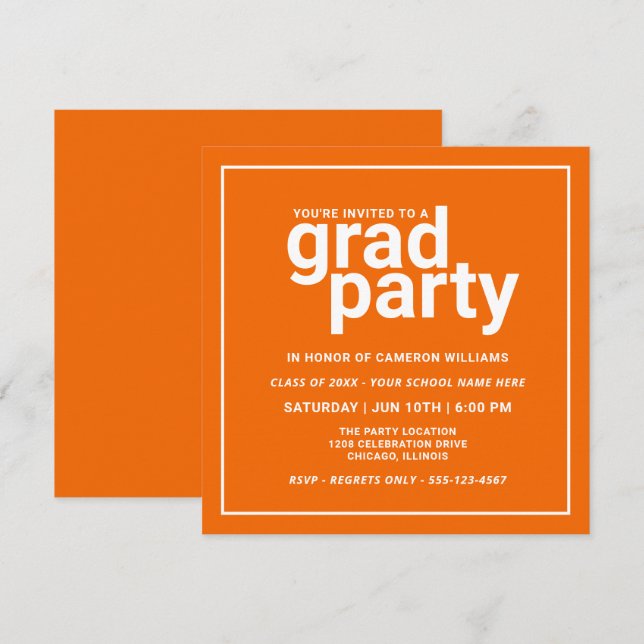 Convites Partido do Formando Básico Moderno Laranja e Branc (Frente/Verso)