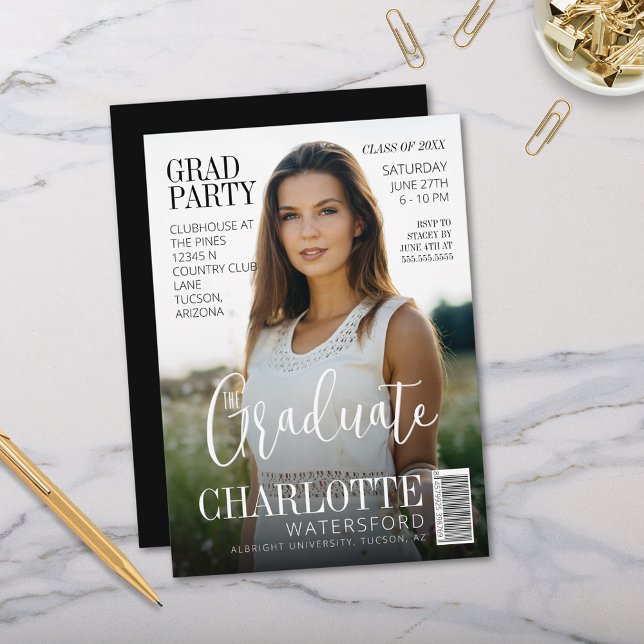 Convites Partido do Formando da Revista do Formando Moderno (Modern graduation invitation for grad party magazine cover style with name school and stylish script)